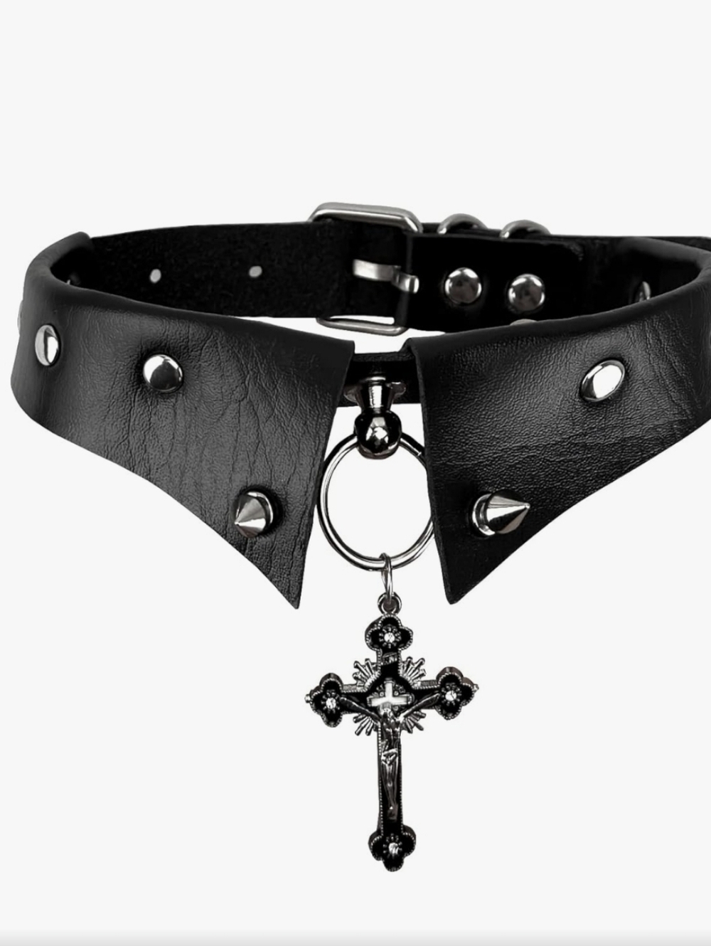 Black Studded Faux Leather Choker with Cross Pendant